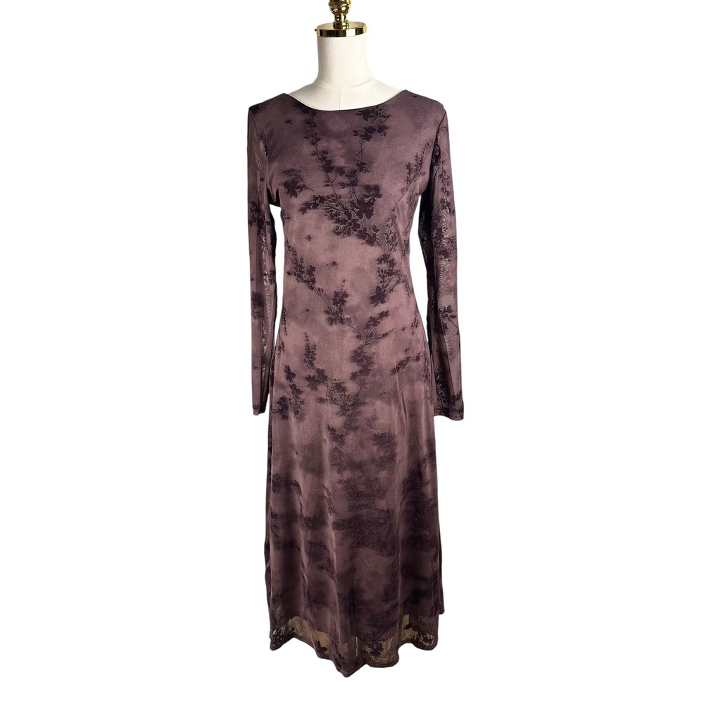 • NWT Ember Purple Flocked Velvet Floral Mesh Cowl Open Back Maxi Midi Dress L